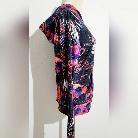 BEBE SPORT Abstract Print Colorful Floral Bling Zip Up Hoodie Womans Size Medium - Picture 5 of 12